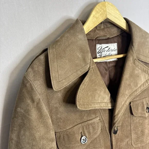 1970s Victoria Leather Suede Belted Safari Jacket Plaid Lined Canada